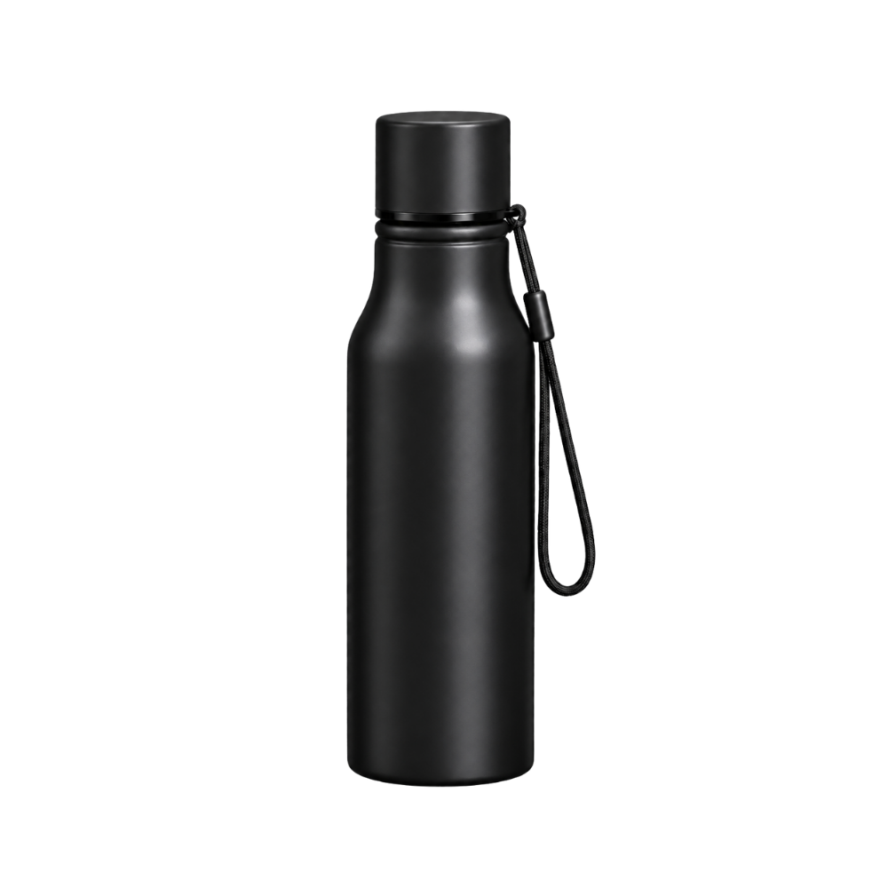 Studio photograph of a matte black cylindrical insulated water bottle with silver lid rim on isolated transparent background.