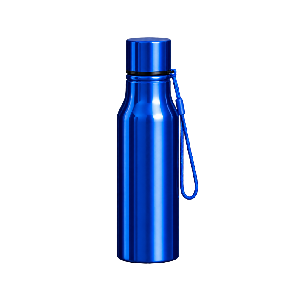 A vibrant metallic royal blue water bottle with a screw cap and a matching blue fabric carrying loop, presented on a white background.