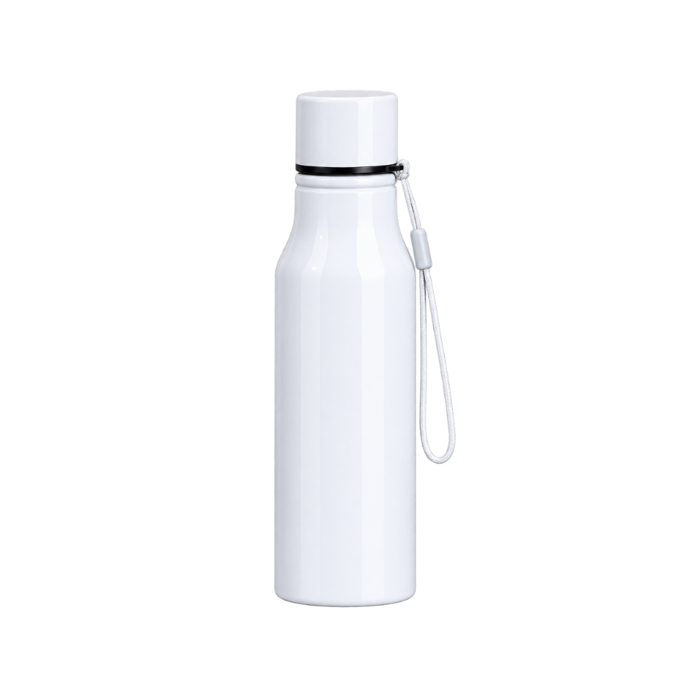 A white cylindrical metal water bottle with a white screw cap and a white wrist strap, isolated on a white background.