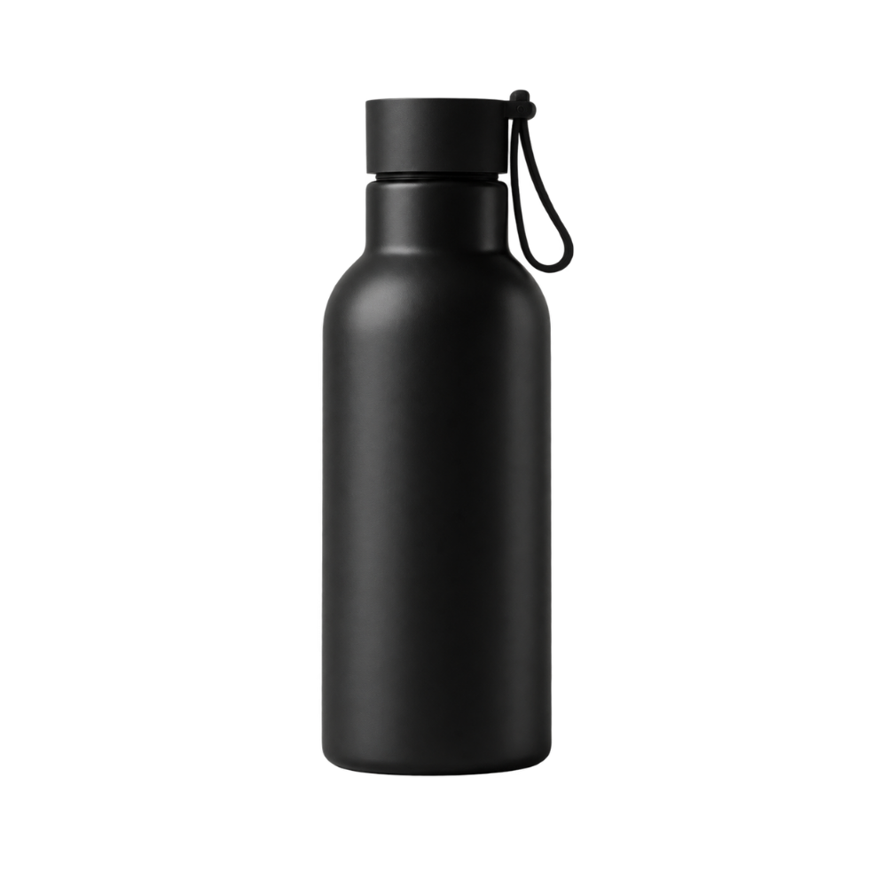 A minimalist matte black water bottle with a black screw cap and a flexible black carrying loop, isolated on a white background.