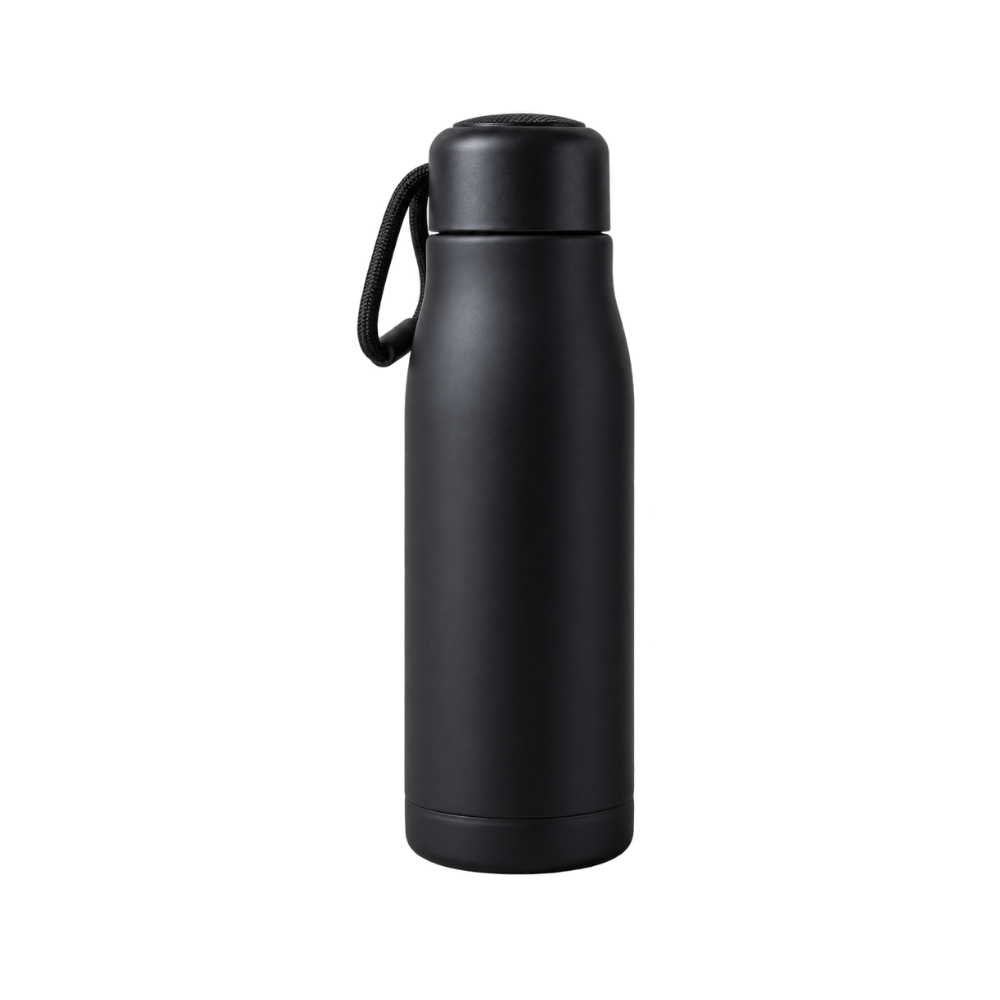 A matte black insulated water bottle with a textured screw-cap lid and a black woven carry strap, isolated on a white background.