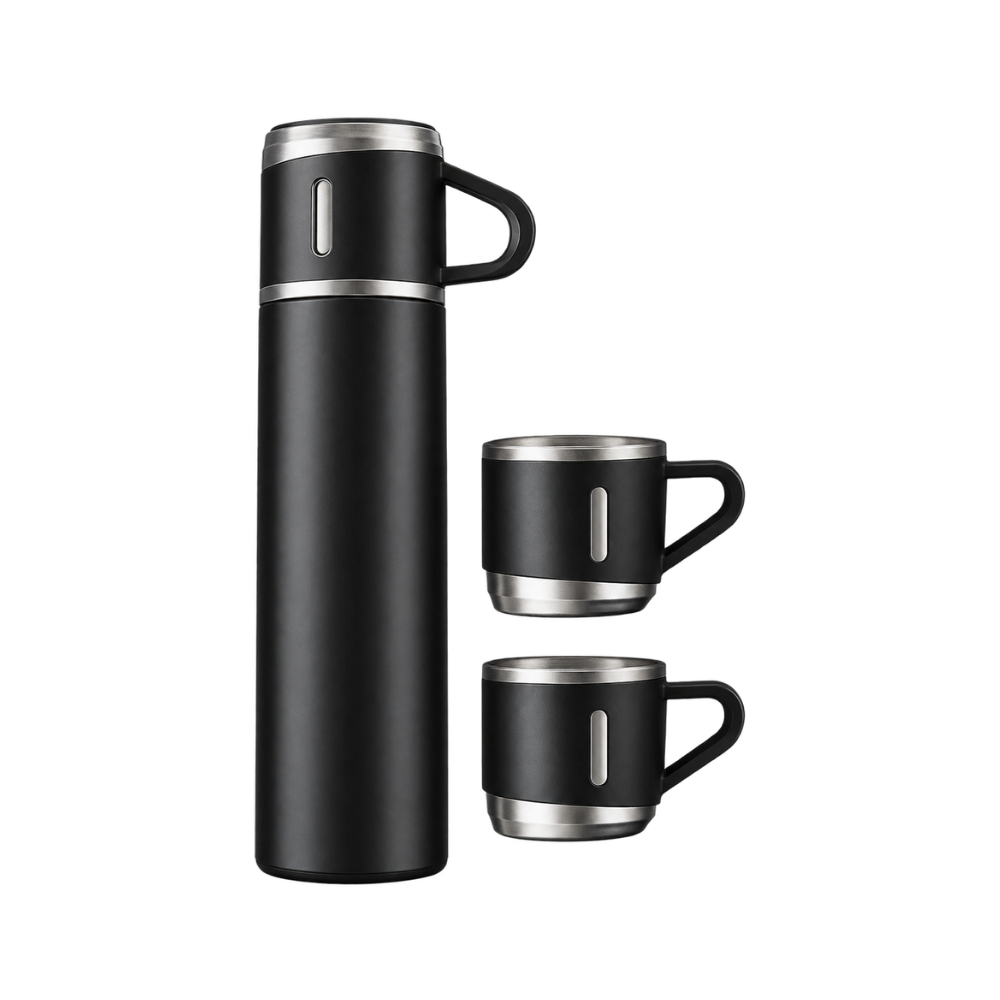 A three-piece black insulated drinkware set, featuring a tall thermos bottle with a handle and two smaller matching travel mugs, all with brushed silver accents, displayed on a white background.