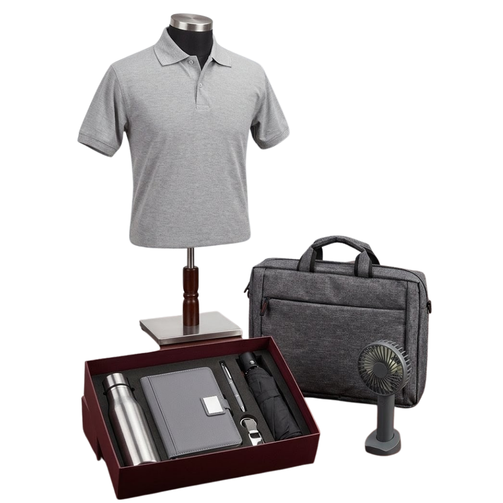 A professional corporate gift set including a grey polo shirt, laptop bag, vacuum bottle, notebook, pen, keychain, umbrella, and portable fan.