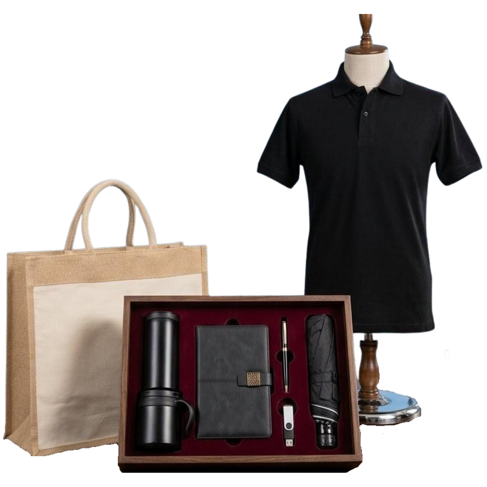 A premium corporate gift set including a black polo shirt, a jute tote bag, and a wooden gift box containing a vacuum bottle, notebook, pen, USB, and umbrella.