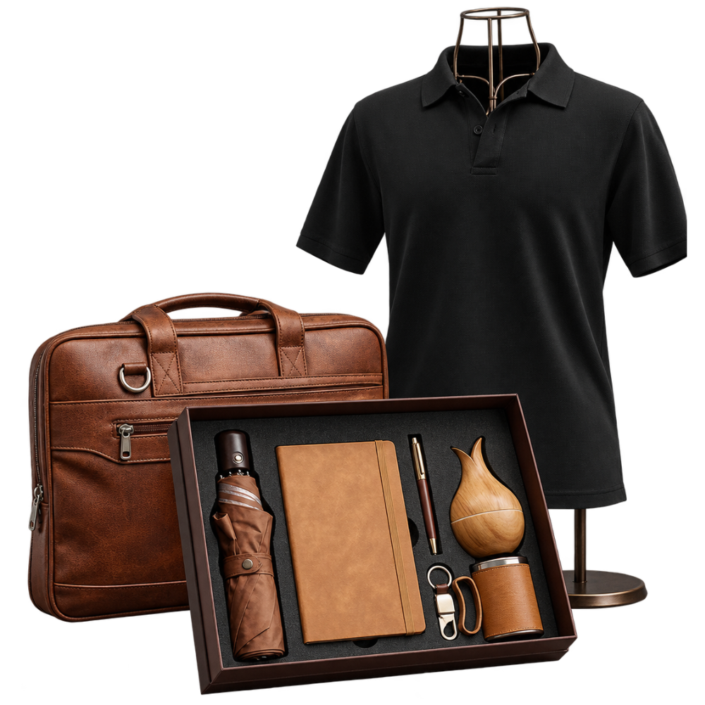 Executive corporate gift set including a brown briefcase, black polo shirt, and a gift box with office accessories.