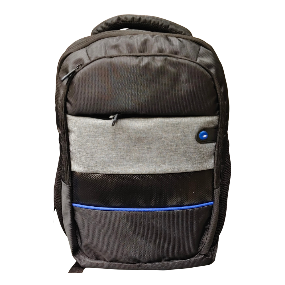 Back view of a black professional laptop backpack with padded shoulder straps and mesh back panel.