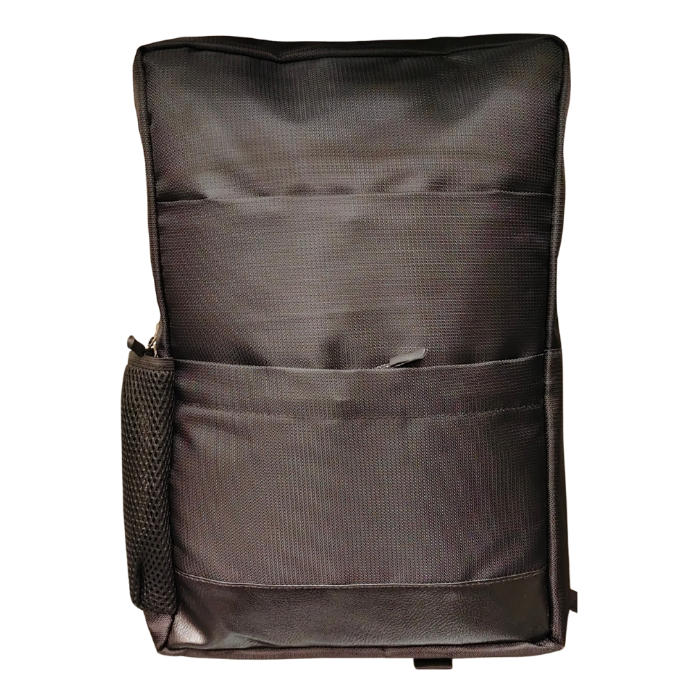 Back view of a minimalist black laptop backpack with padded shoulder straps and a top handle.