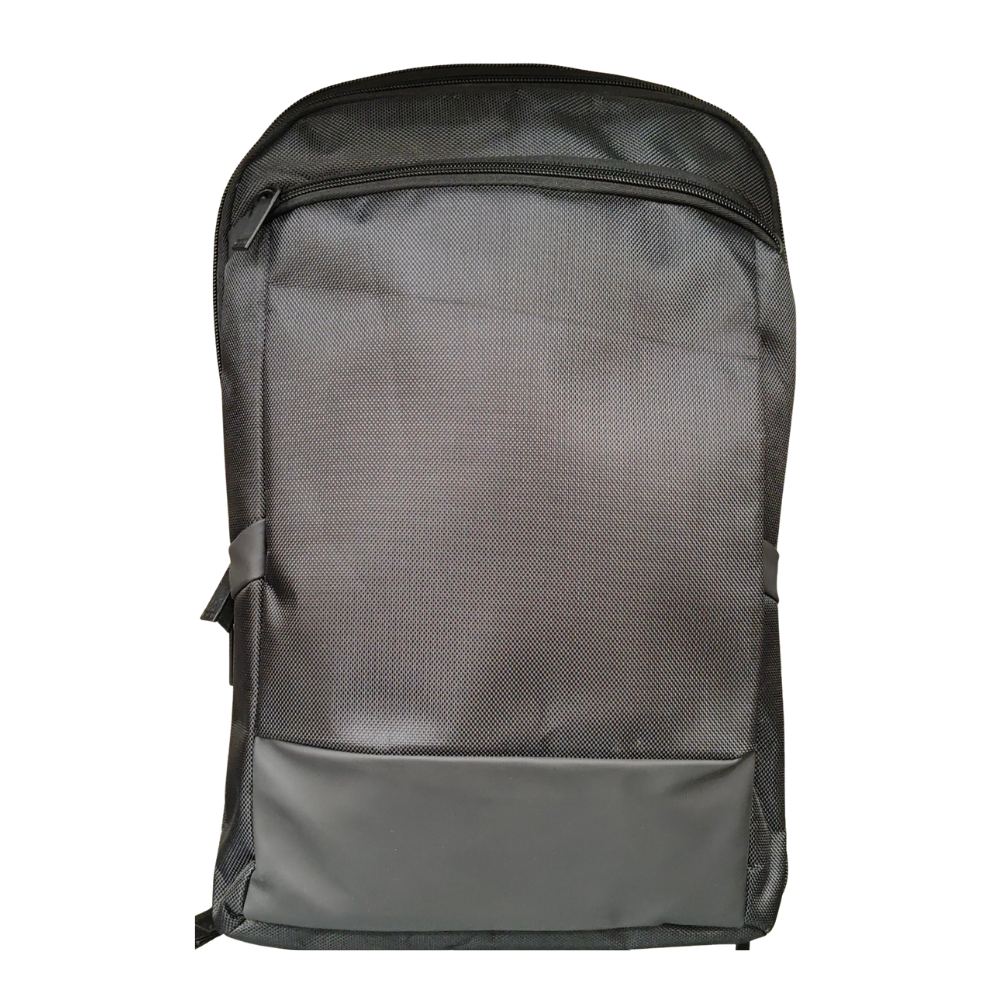 Back view of a dark olive-grey laptop backpack with mesh padding and adjustable shoulder straps.