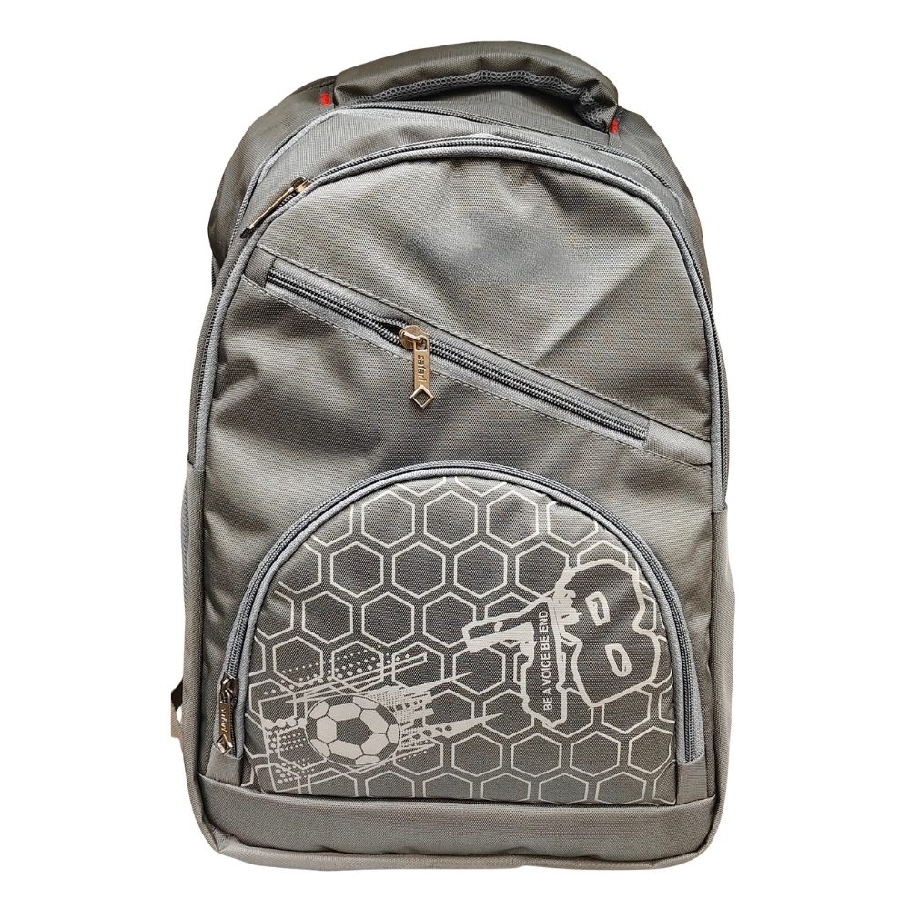 Rear view of a grey Jojori laptop backpack showing padded shoulder straps and mesh back panel.