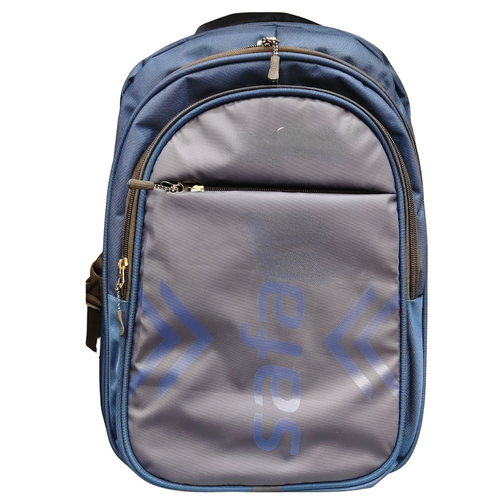 Rear view of a blue laptop backpack with padded shoulder straps and red accent stitching.