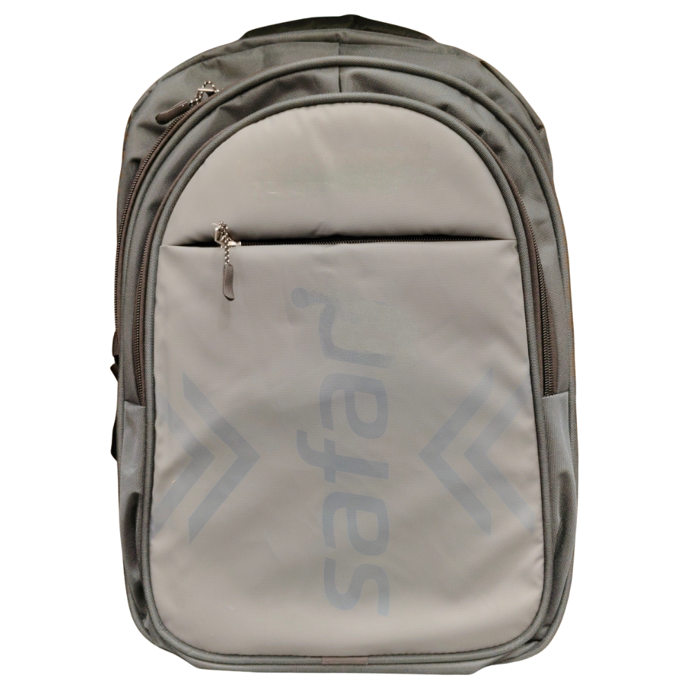 Back view of an olive grey professional laptop backpack with padded shoulder straps.