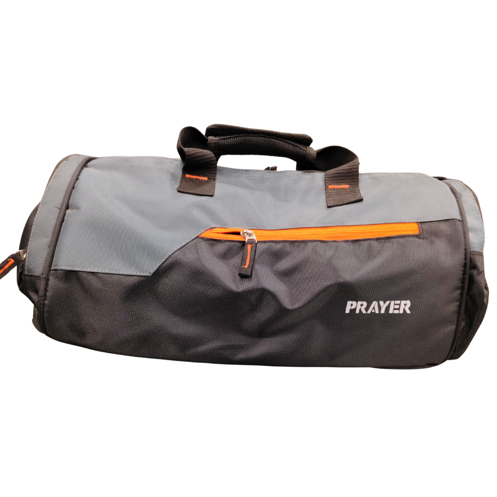 A grey and charcoal duffle bag with an orange zipper and PRAYER branding.