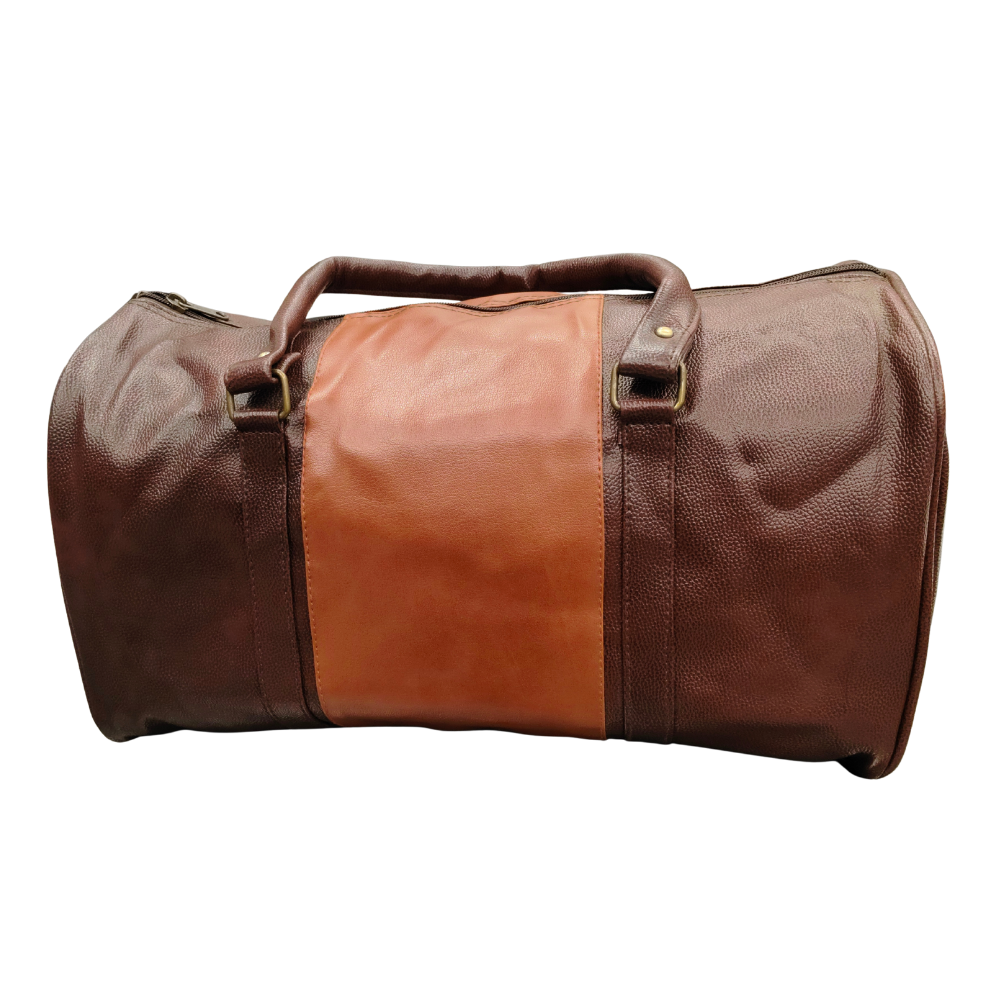 A brown and tan two-tone leather duffle bag with padded handles isolated on a white background.