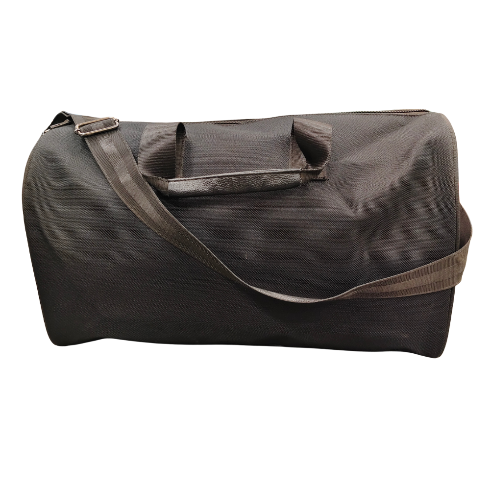A professional black polyester duffel bag with shoulder strap and padded carry handles isolated on a white background.