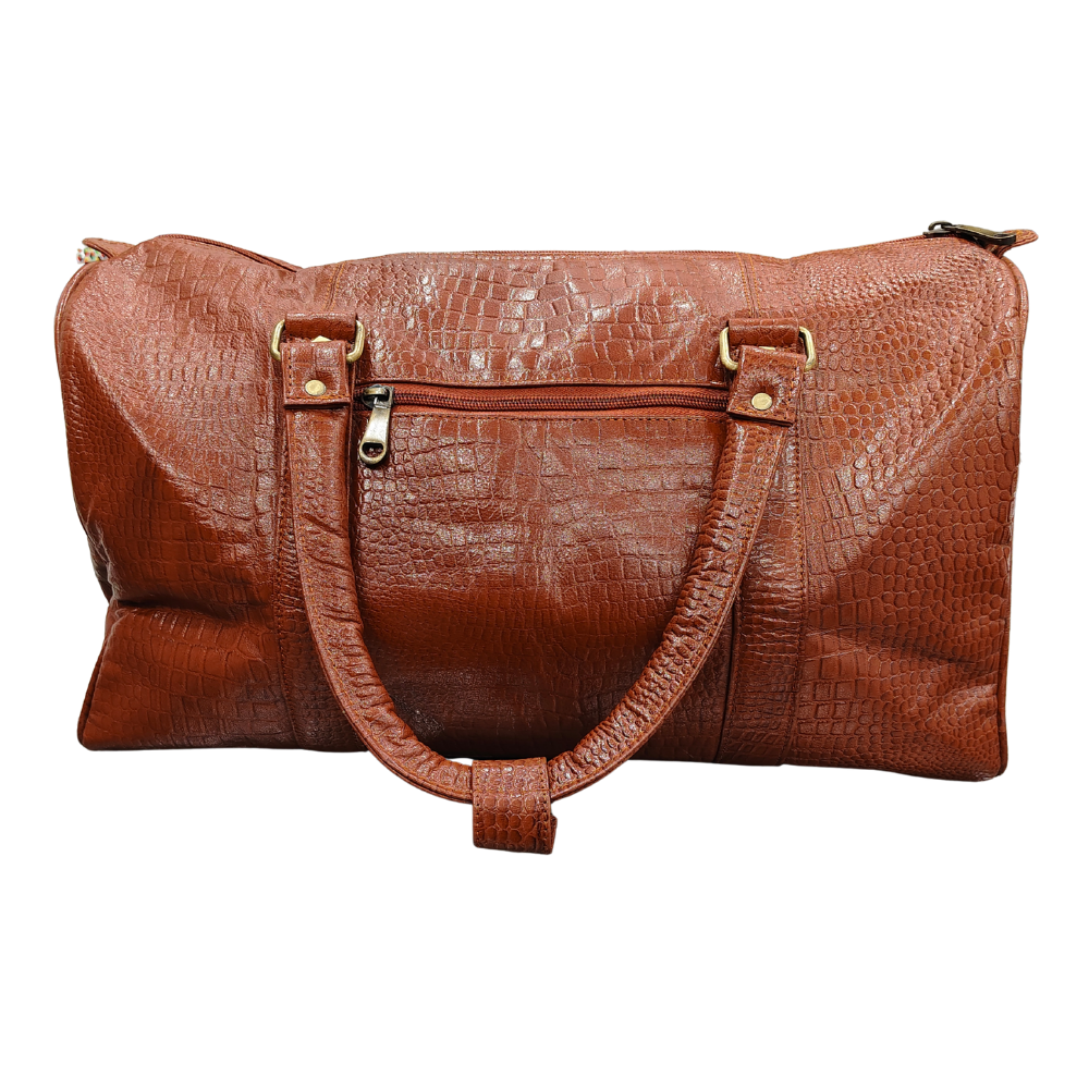 Brown faux crocodile leather duffle bag with brass-toned hardware.