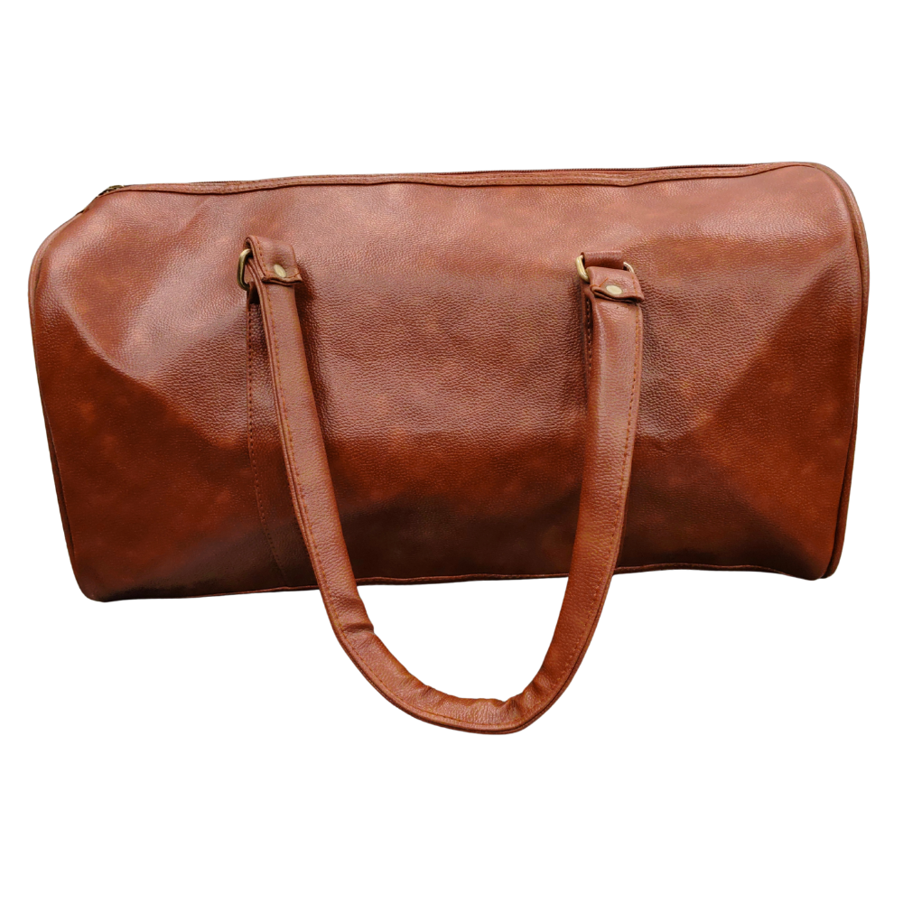 A brown faux leather duffle bag with dual handles isolated on a white background.