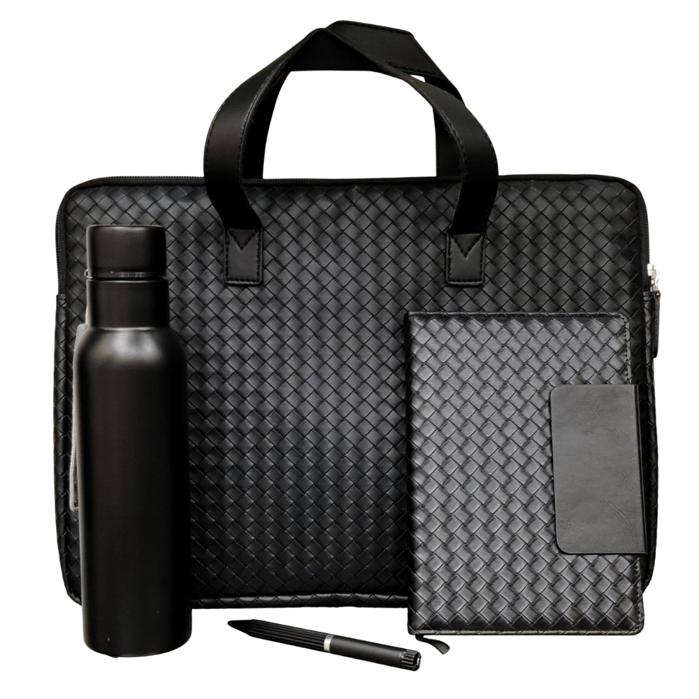 A professional black corporate gift set including a woven-texture laptop bag, a matching notebook, a water bottle, and a pen.