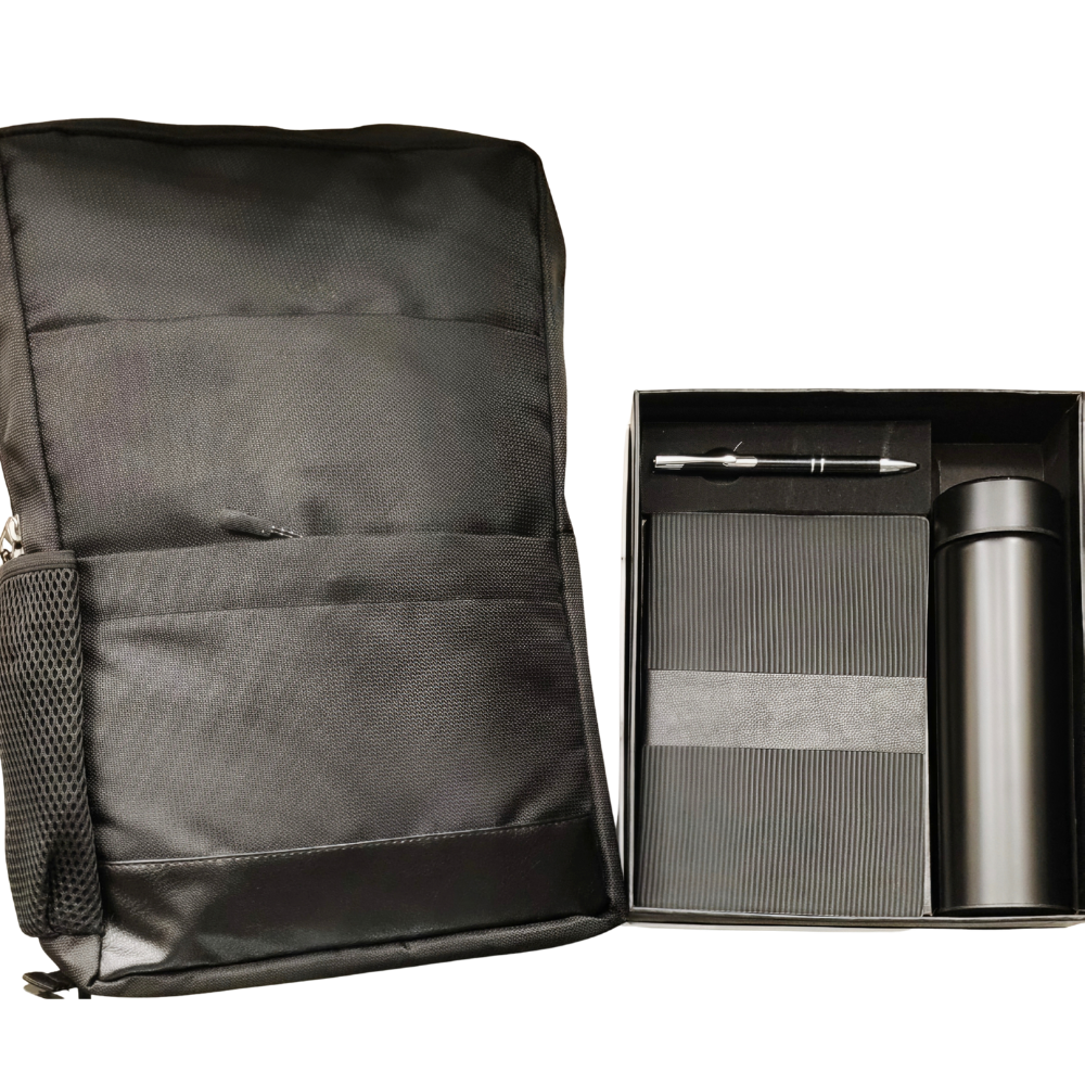 A black corporate gift set featuring a backpack and a presentation box containing a notebook, pen, and vacuum bottle.