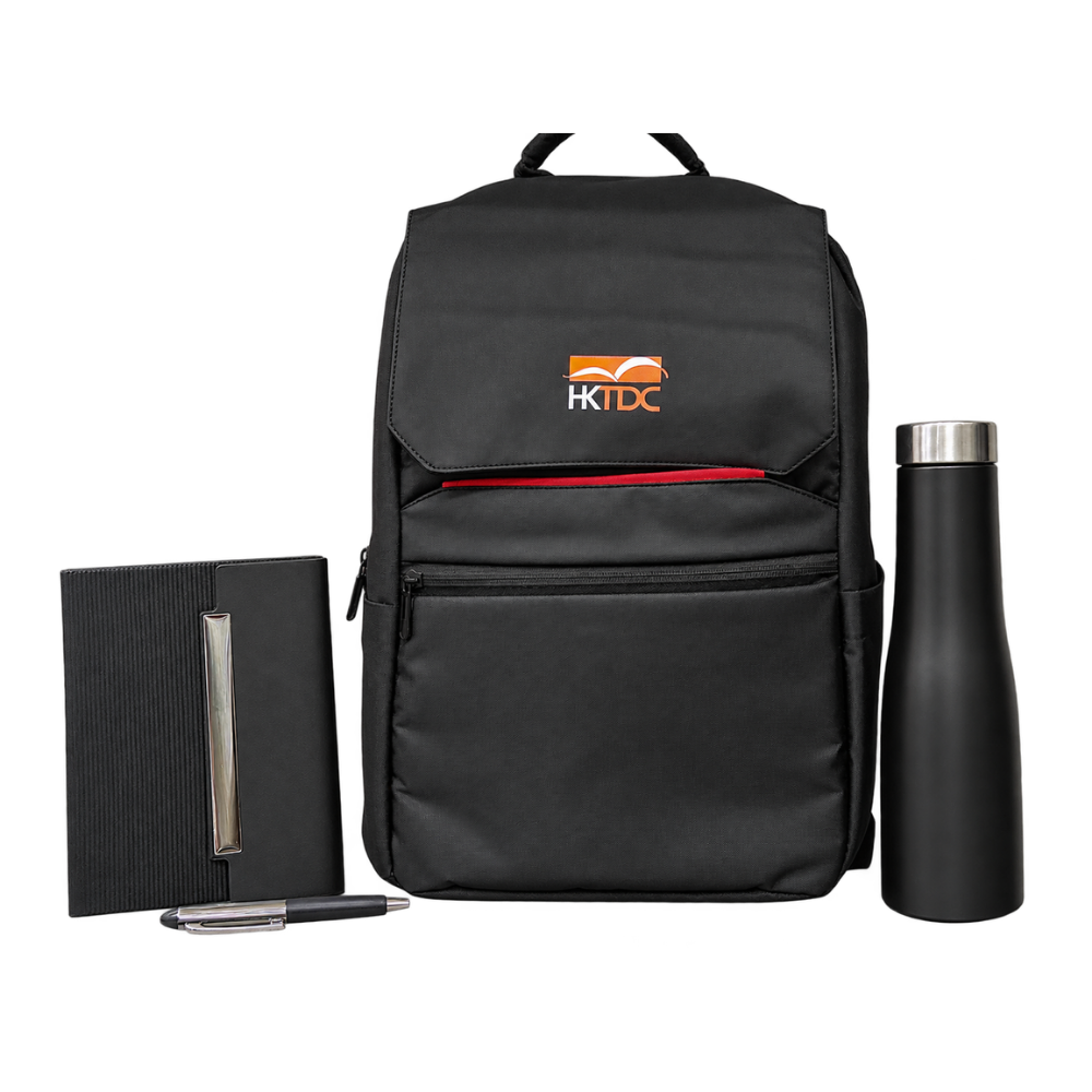 HKTDC branded executive gift set featuring a black backpack, notebook, pen, and water bottle.