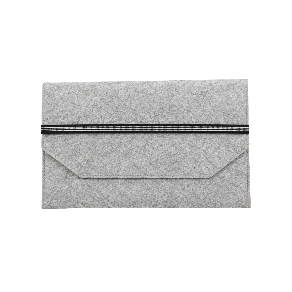 A grey felt laptop sleeve with a black and white pinstriped elastic band closure on a white background.
