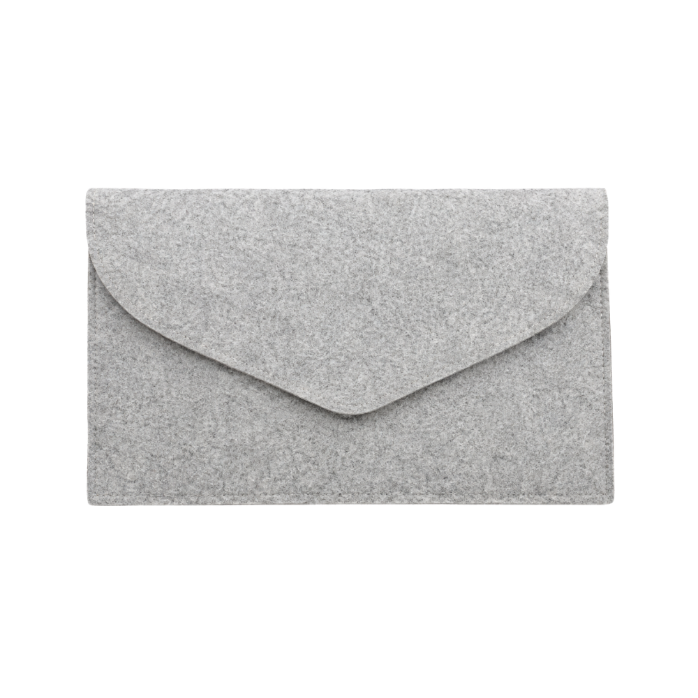 Grey felt envelope-style laptop sleeve isolated on white background