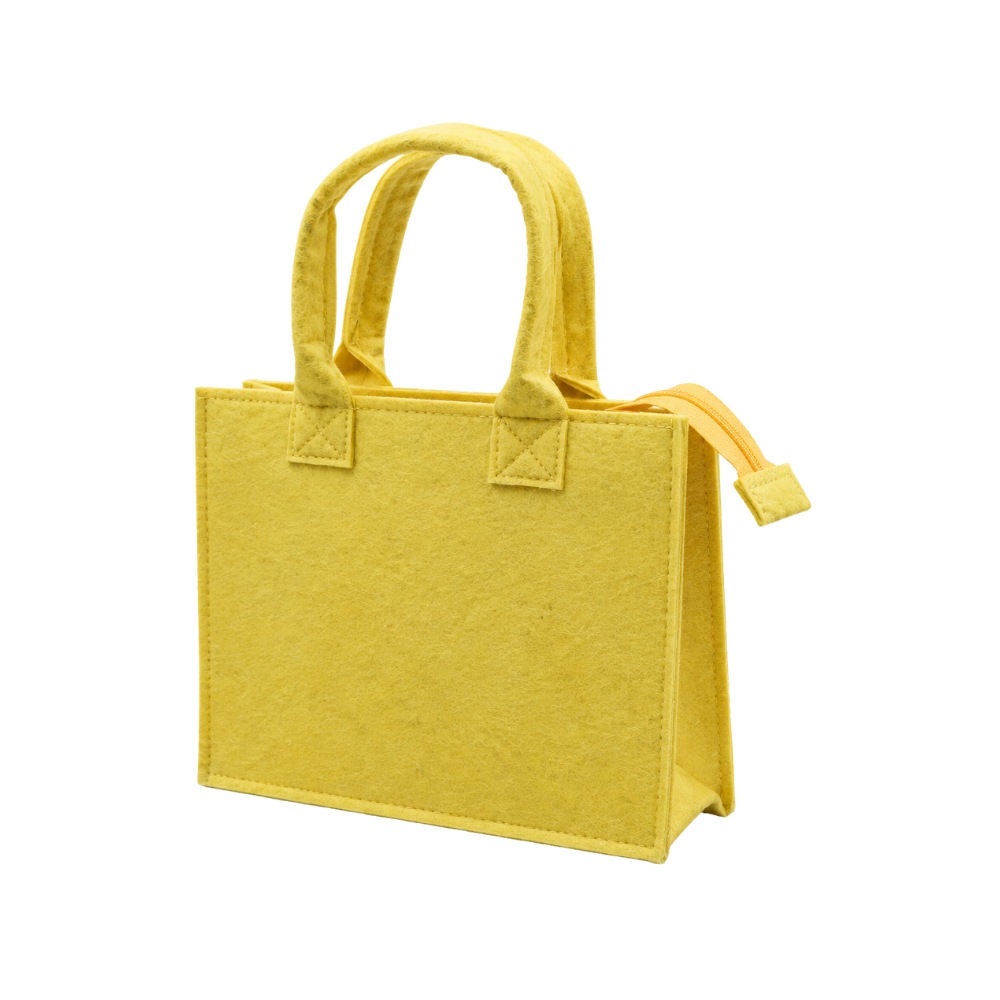 A yellow felt tote bag with two handles and a zippered top closure, isolated on a white background.
