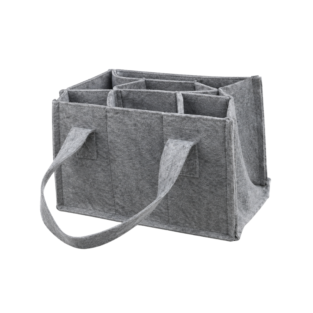 A grey felt storage caddy with multiple internal compartments and two handles, isolated on a white background.