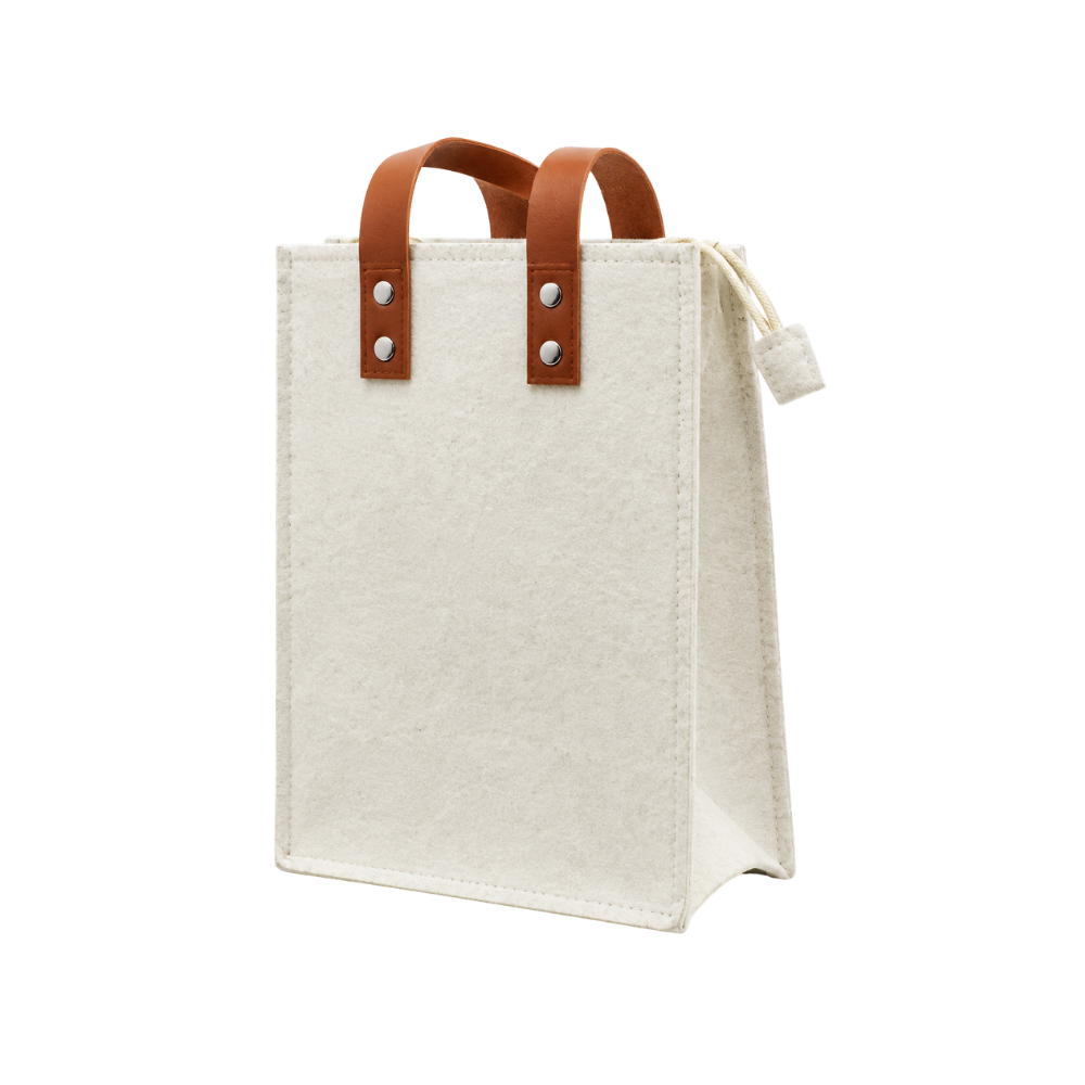 A cream-colored felt tote bag with brown leather handles and a drawstring closure, isolated on a white background.