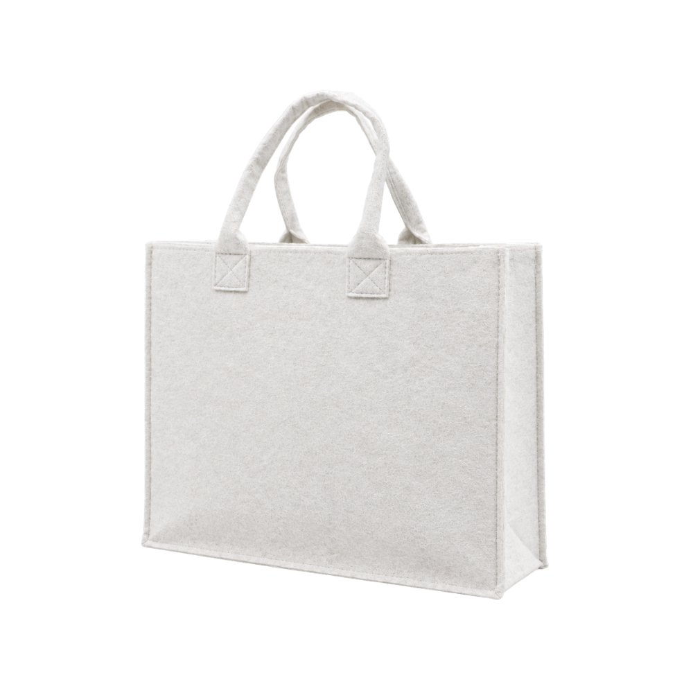 A beige felt tote bag with dual handles isolated on a white background.