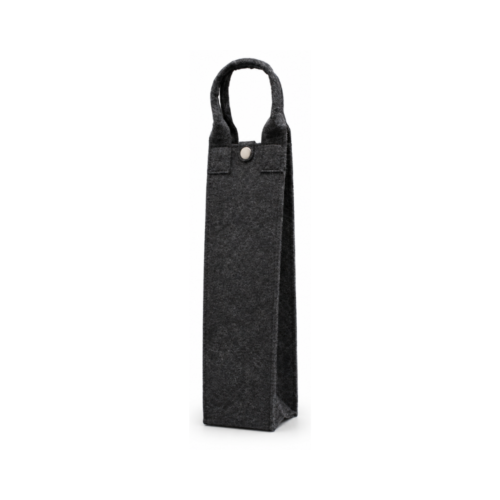 A charcoal-colored felt wine bottle carrier with a top handle and silver snap button closure isolated on a white background.