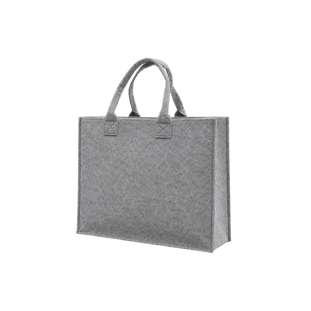 A structured grey felt tote bag with two handles, isolated on a white background.