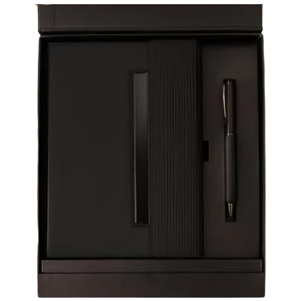 Top-down view of an executive gift set containing a black ribbed notebook and a black ballpoint pen inside a black presentation box.