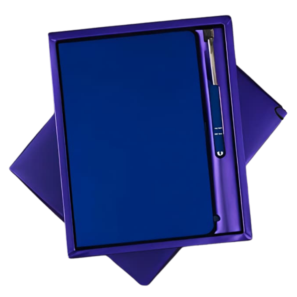 A navy blue notebook and matching pen inside a purple presentation gift box.