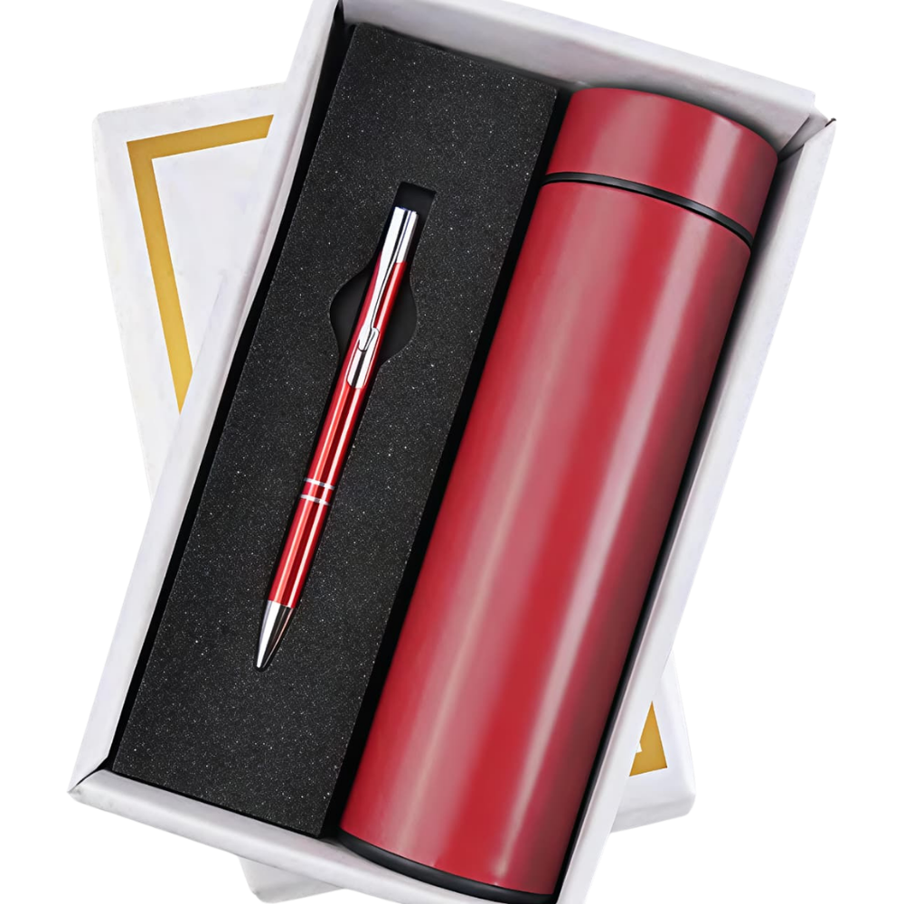 A red vacuum-insulated bottle and a matching red ballpoint pen inside a white gift box with a black foam insert.
