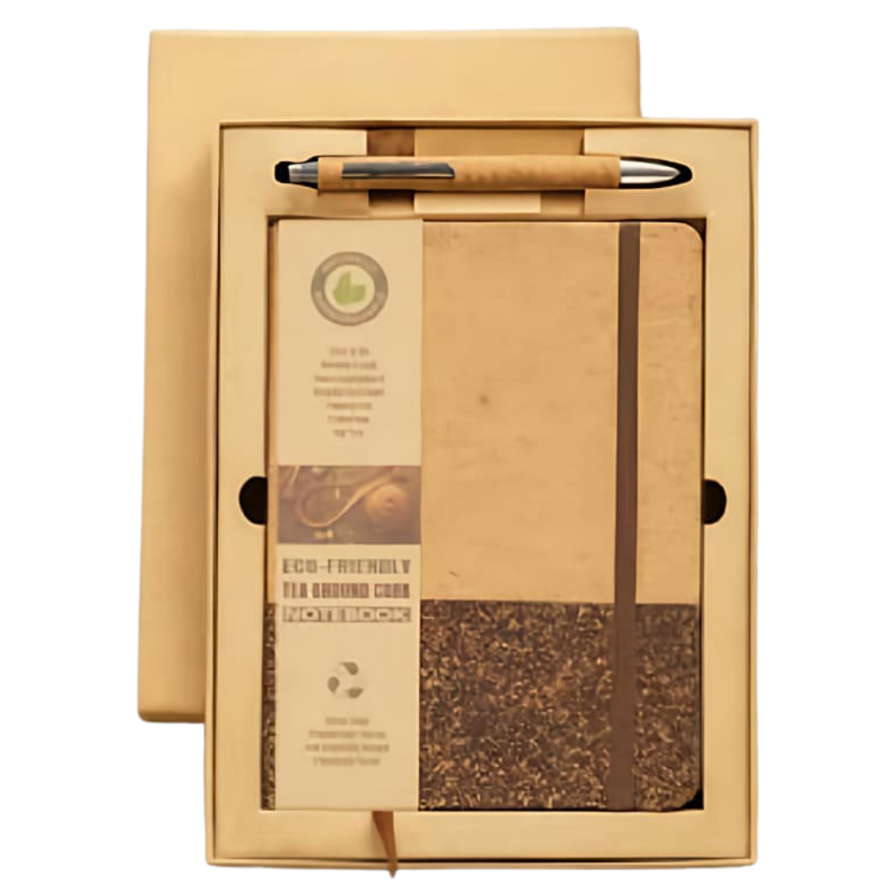 Eco-friendly gift set containing a tea-ground cork notebook and a matching pen inside a tan presentation box.