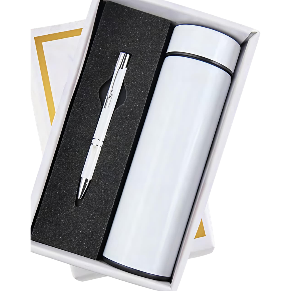 A white vacuum-insulated bottle and a matching white pen inside a charcoal foam-lined white gift box.