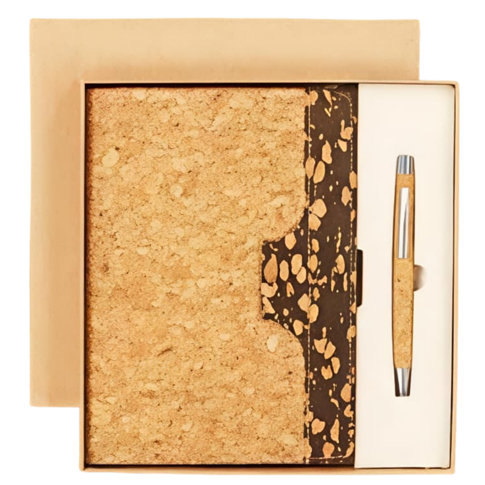 Top-down view of a cork-textured notebook and matching pen inside a tan presentation gift box.