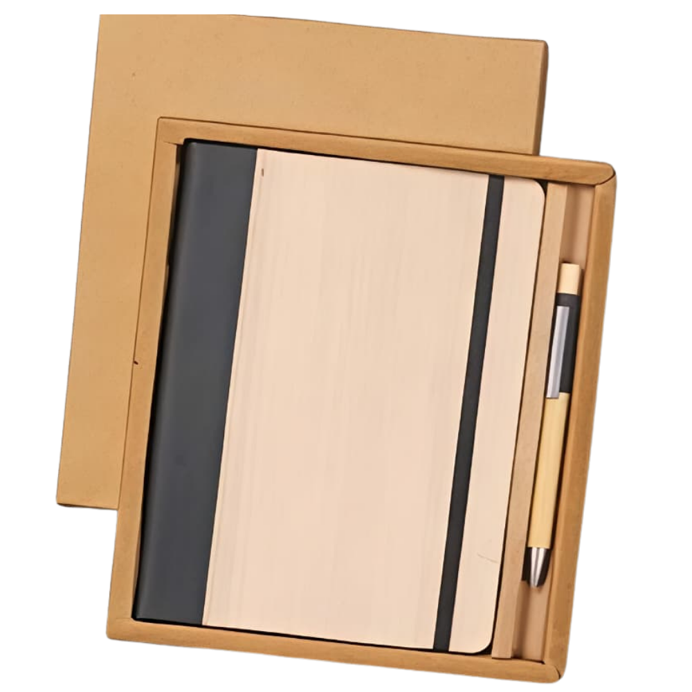 A professional gift set containing a two-tone notebook and a pen inside a tan cardboard presentation box.