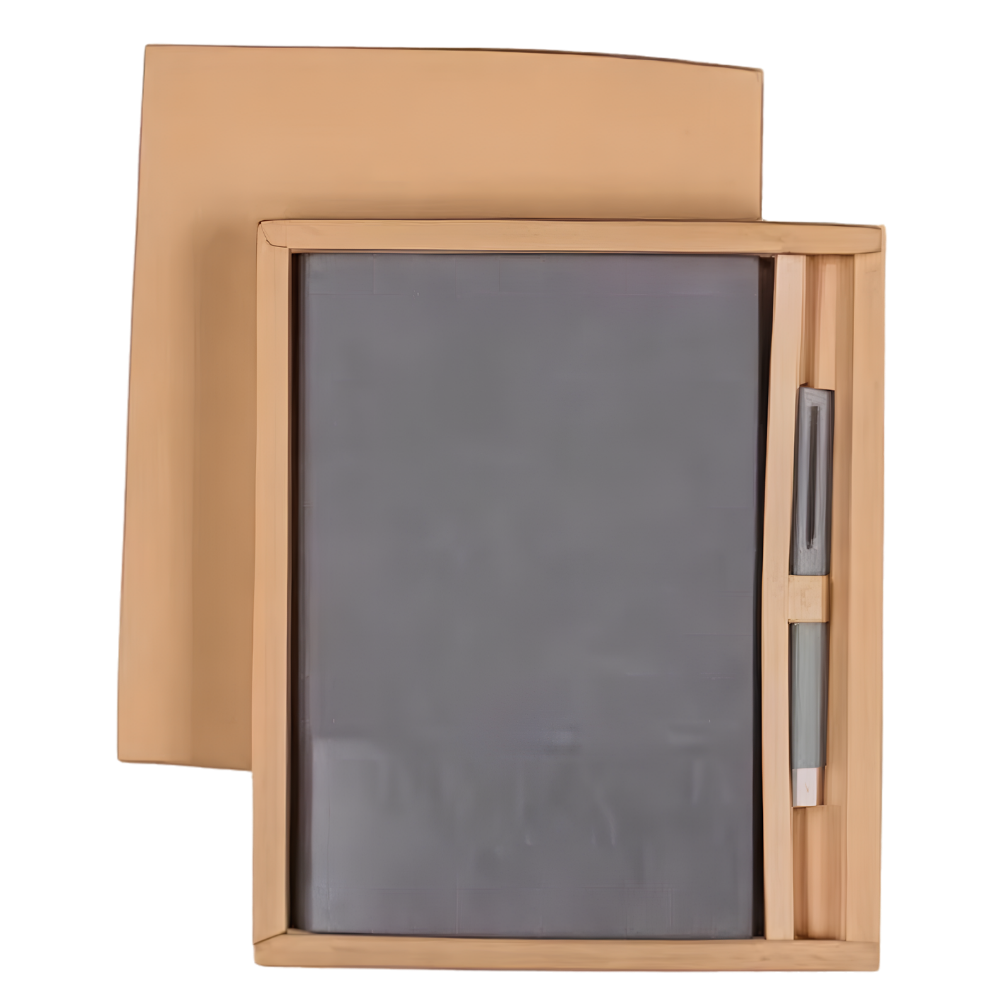 Executive gift set with a grey notebook and matching pen inside a tan presentation box.