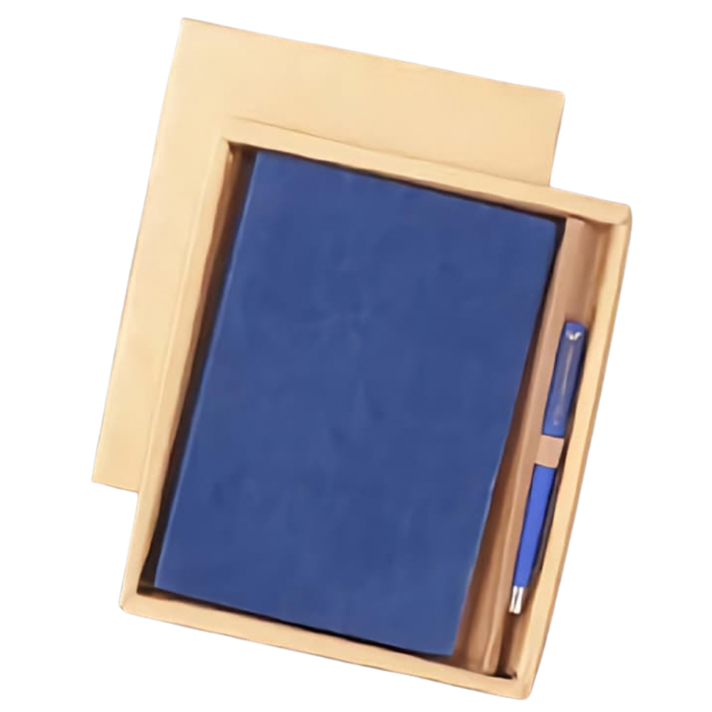 A royal blue notebook and matching pen inside a beige presentation gift box.
