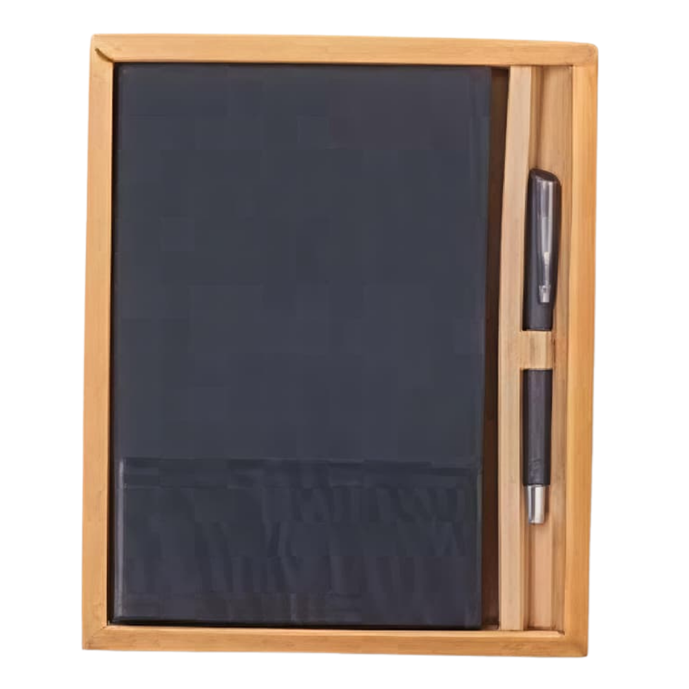 A professional notebook and pen set held within a natural bamboo frame on a white background.