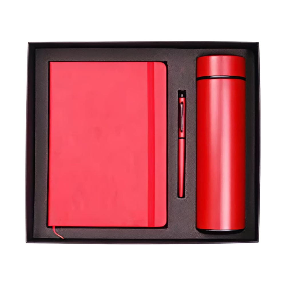 A premium red executive gift set containing a notebook, a pen, and a vacuum-insulated bottle inside a black presentation box.