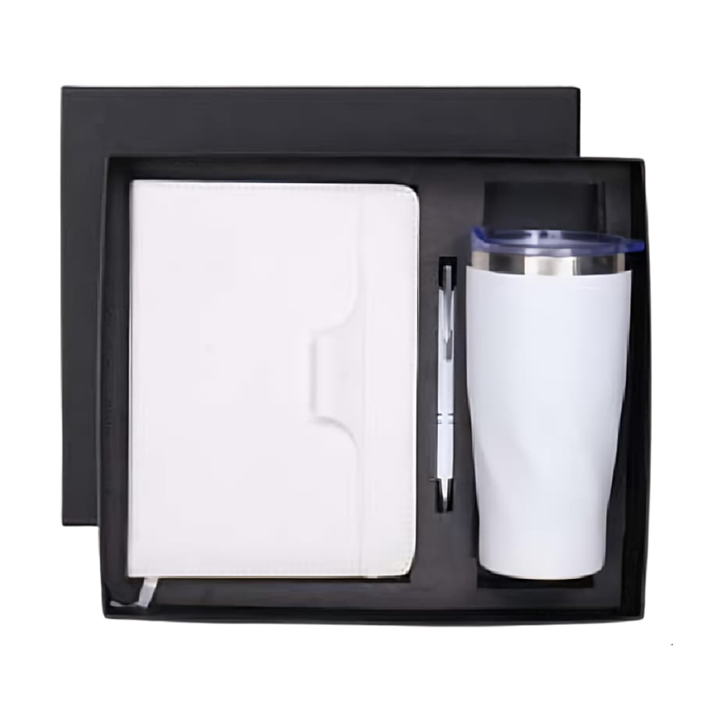 A white notebook, white pen, and white vacuum tumbler arranged in a black gift box.