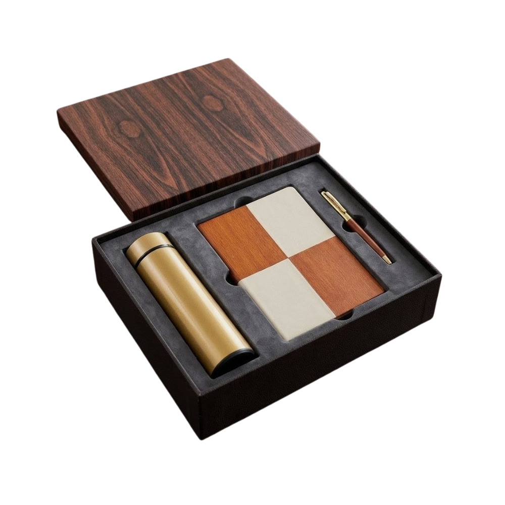 Executive gift set in a wood-grain box containing a gold vacuum bottle, two-tone notebook, and a matching pen.
