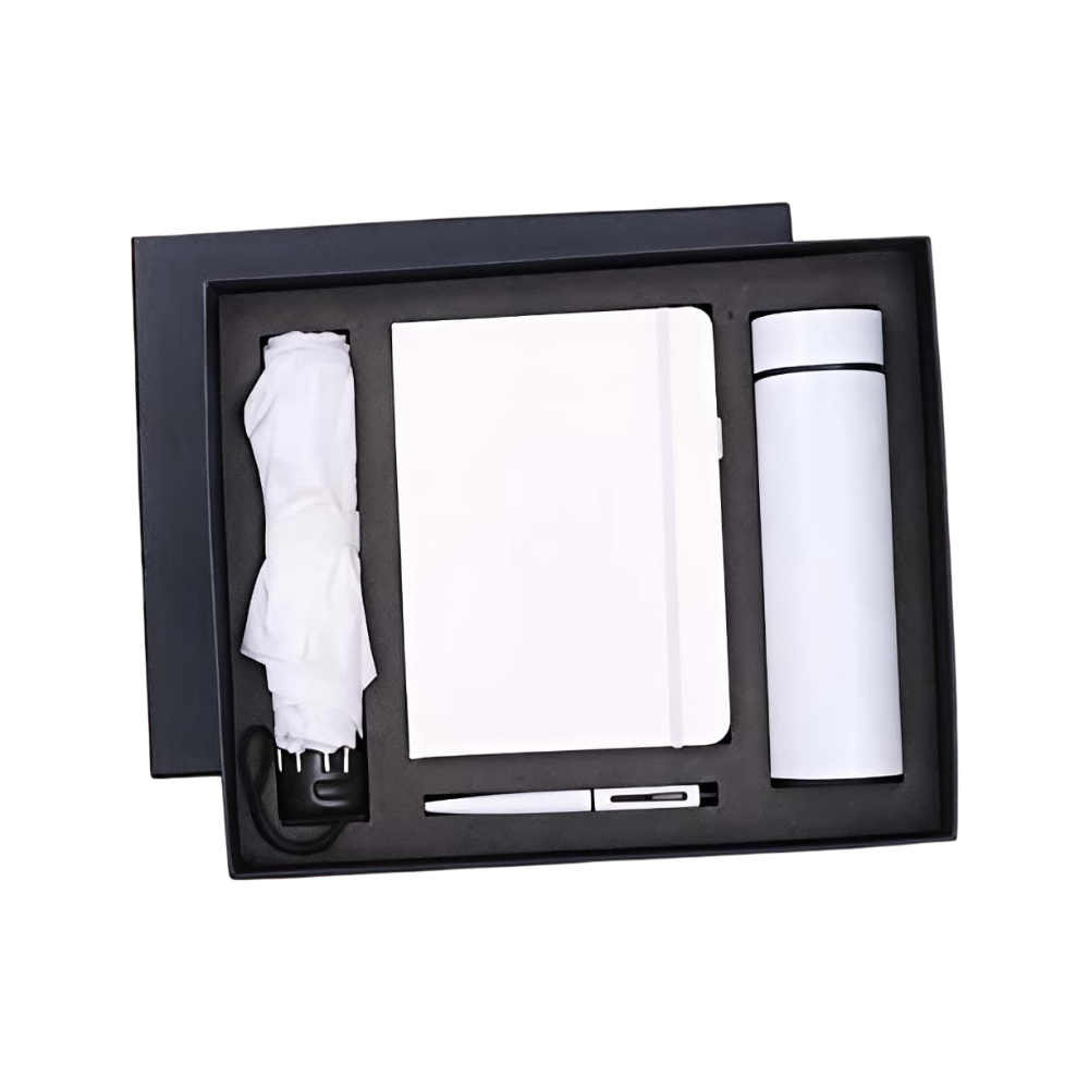 A premium corporate gift set in a black box containing a white notebook, pen, vacuum bottle, and umbrella.