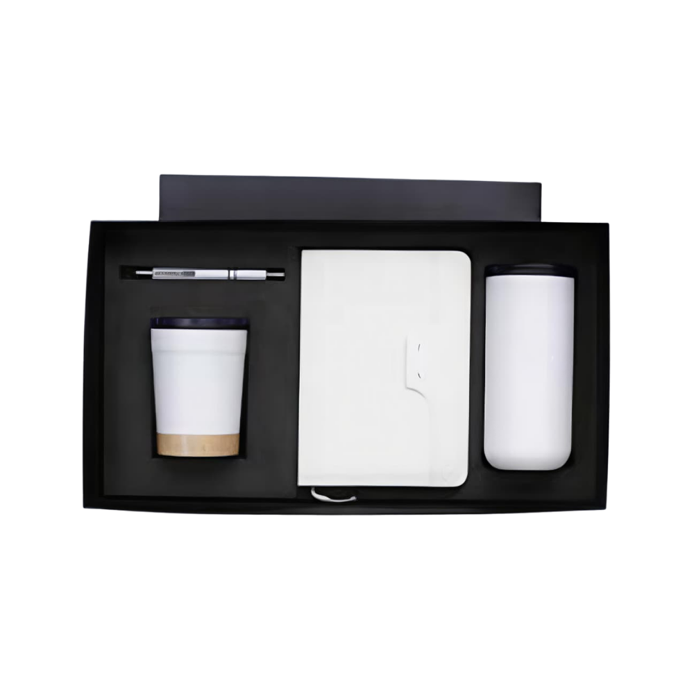 A premium corporate gift set in a black box containing a white vacuum bottle, a white mug with a wood-tone base, a white notebook, and a silver pen.