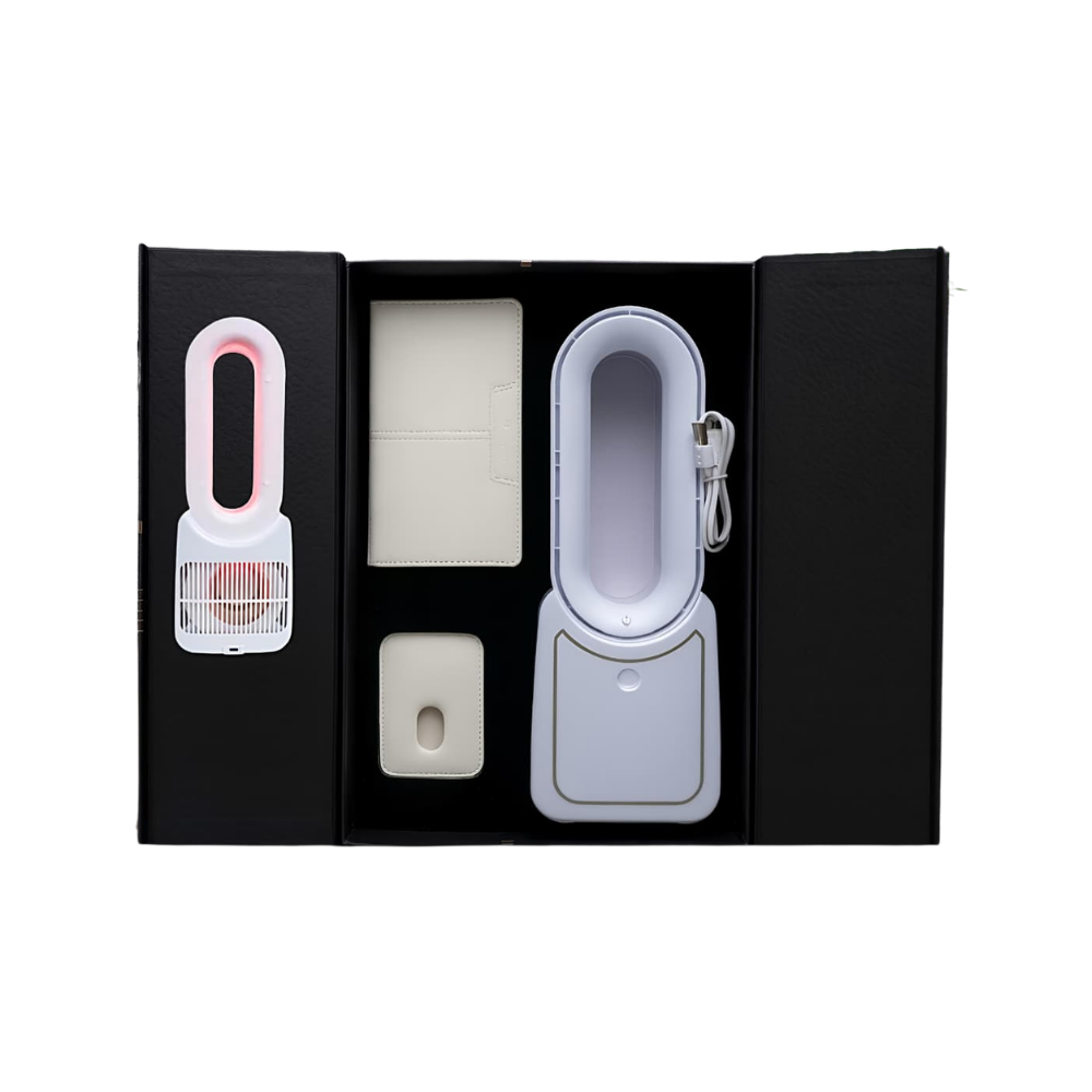 A premium corporate gift set containing a white bladeless fan, a beige notebook, and a beige power bank inside a black presentation box.