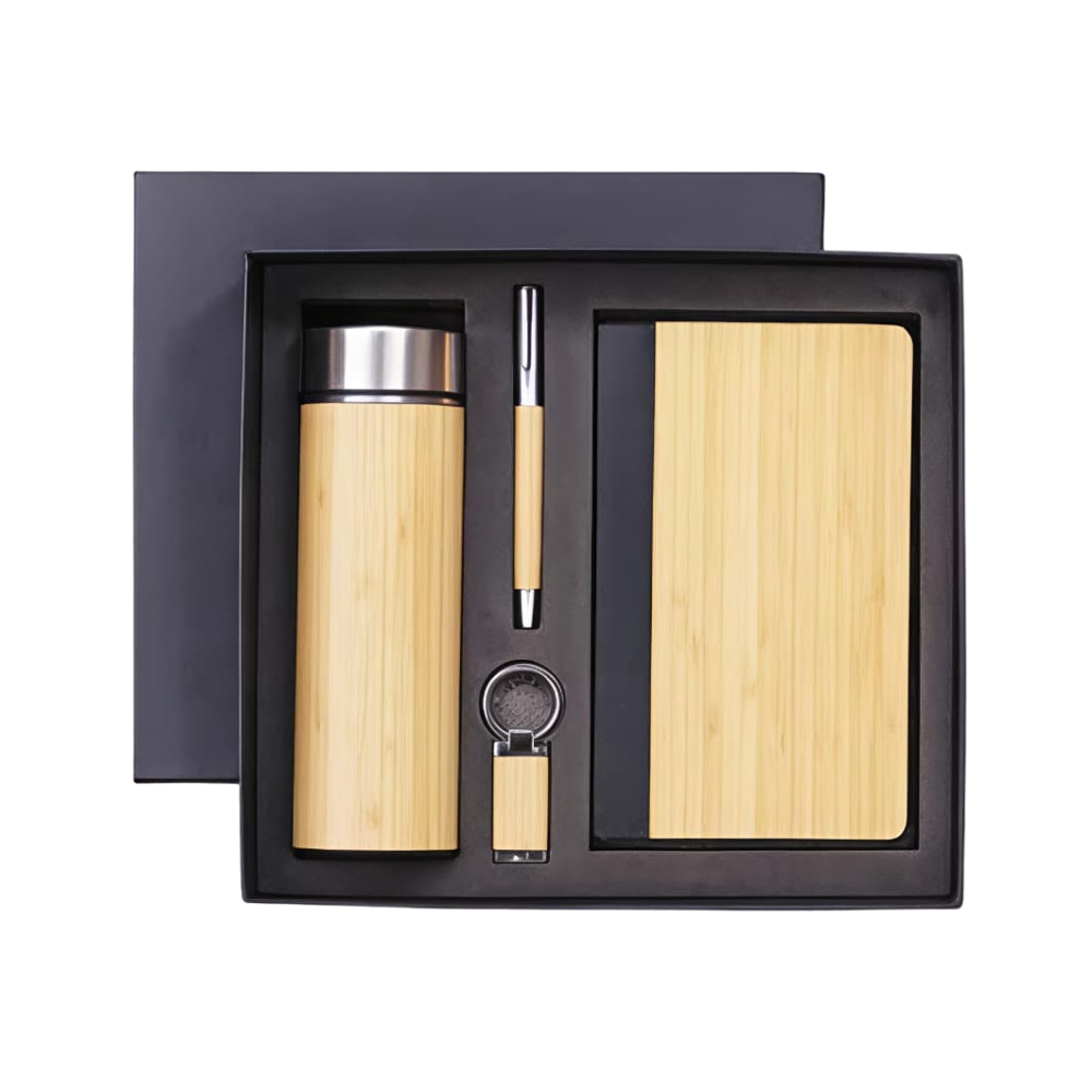Top-down view of a bamboo-themed corporate gift set in a charcoal box.