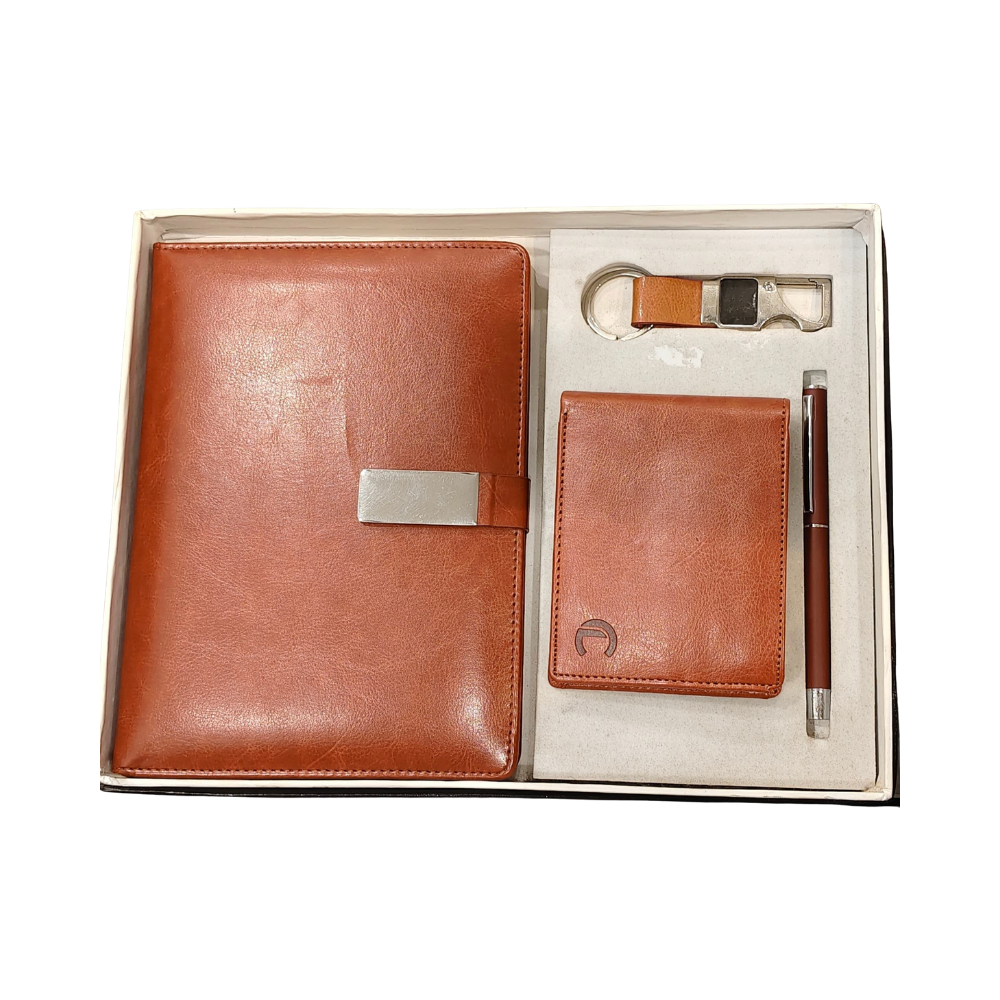 A tan leatherette executive gift set containing a notebook, wallet, and pen in a presentation box.