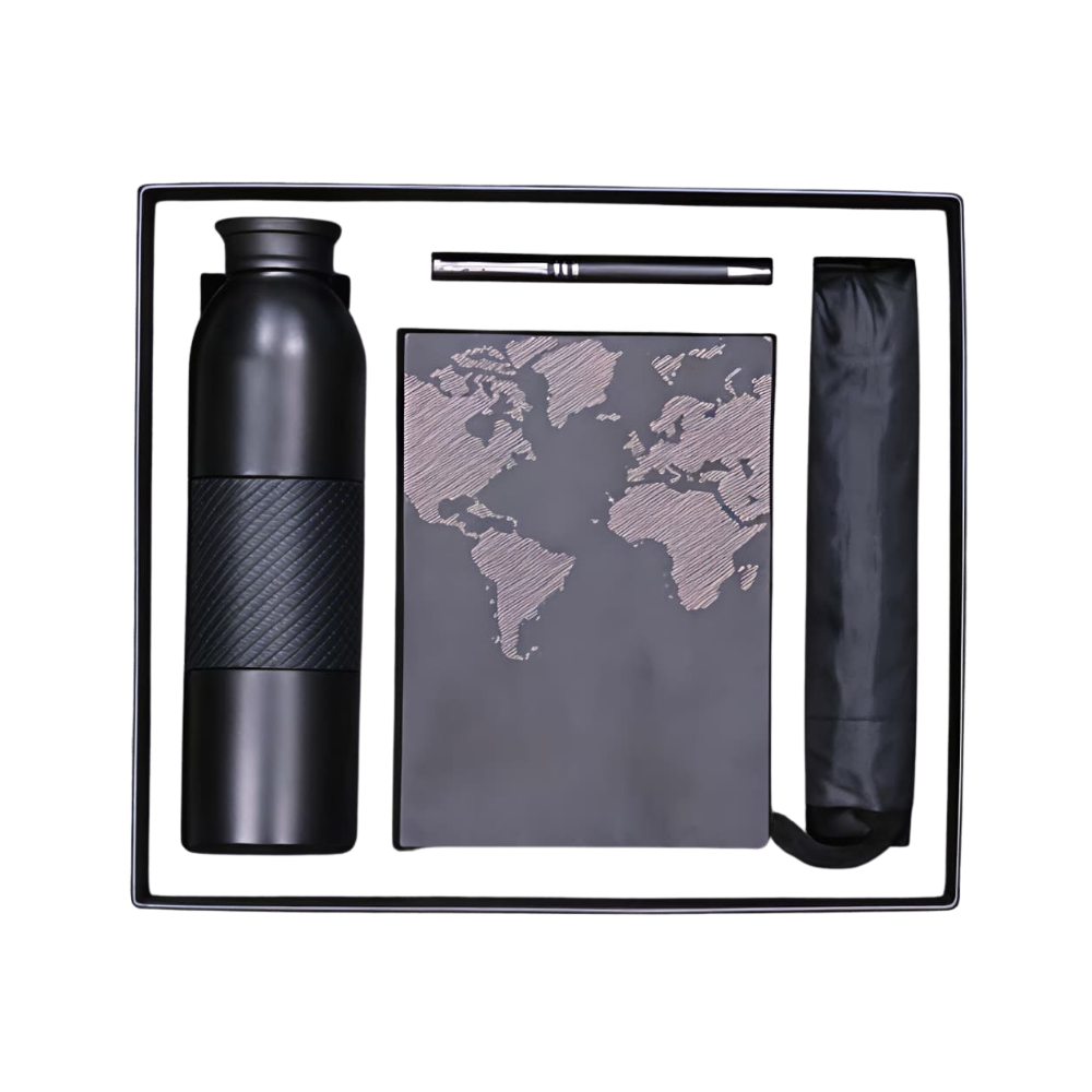 A black executive gift set containing a vacuum-insulated bottle, a world map notebook, and a compact umbrella in a presentation box.